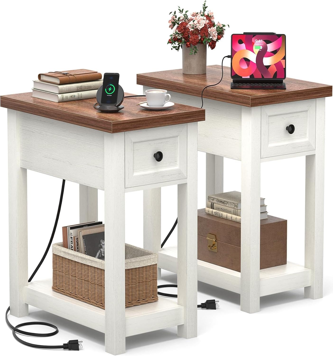 Narrow End Table Set of 2 with Charging Station - Farmhouse Side Tables with Drawer, 14' Wood Nightstands Set of 2 for Bedroom Living Room, Slim Couch Bedside Table Small Spaces, Antique White & Brown