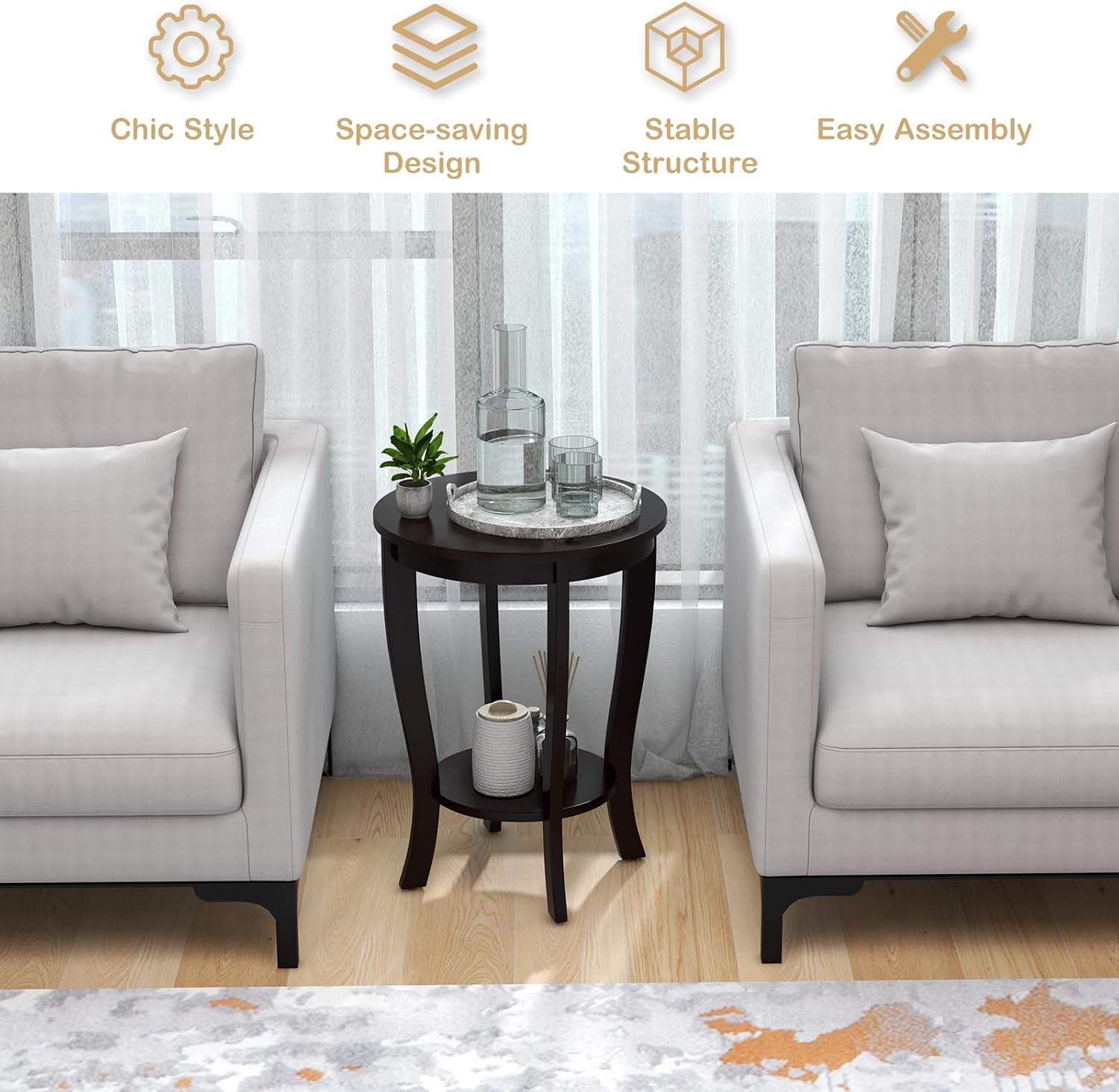 Giantex Round End Tables Set of 2, 2 Tier Side Table with Storage Shelf and Solid Wood Legs, 18' x 18' Accent Table for Corner Small Spaces, Compact Night Stand for Living Room Bedroom, Espresso