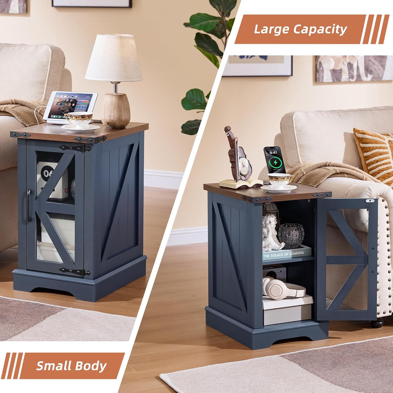 Joaxswe End Table Set 3 with Charger Station, Farmhouse 18'' Narrow Night Stand and 24' Square Side Table with Glass Barn Door Storage, Wood Nightstand Bedside Tables for Living Room Bedroom
