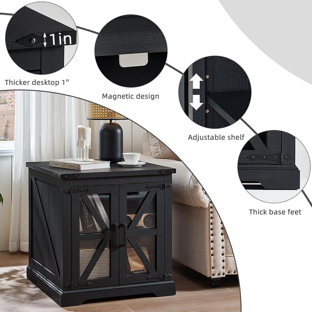 Joaxswe 24' End Table with Charging Station, Farmhouse Night Stand with Glass Barn Door, Black Nightstands with Adjustable Storage Shelf, Large Wood Square Bed Side Table for Living Room,Bedroom