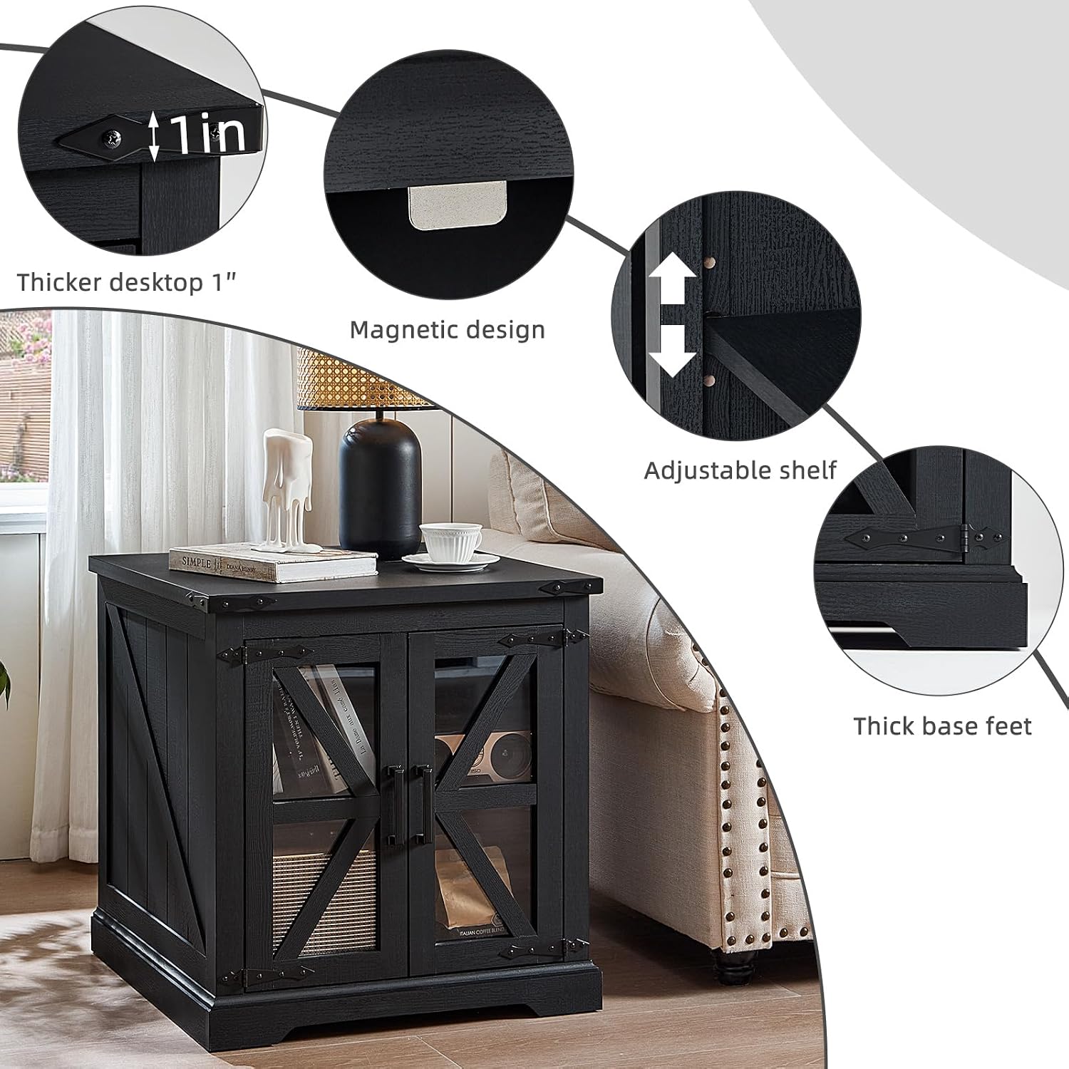 Joaxswe 24' End Table with Charging Station, Farmhouse Night Stand with Glass Barn Door, Black Nightstands with Adjustable Storage Shelf, Large Wood Square Bed Side Table for Living Room,Bedroom