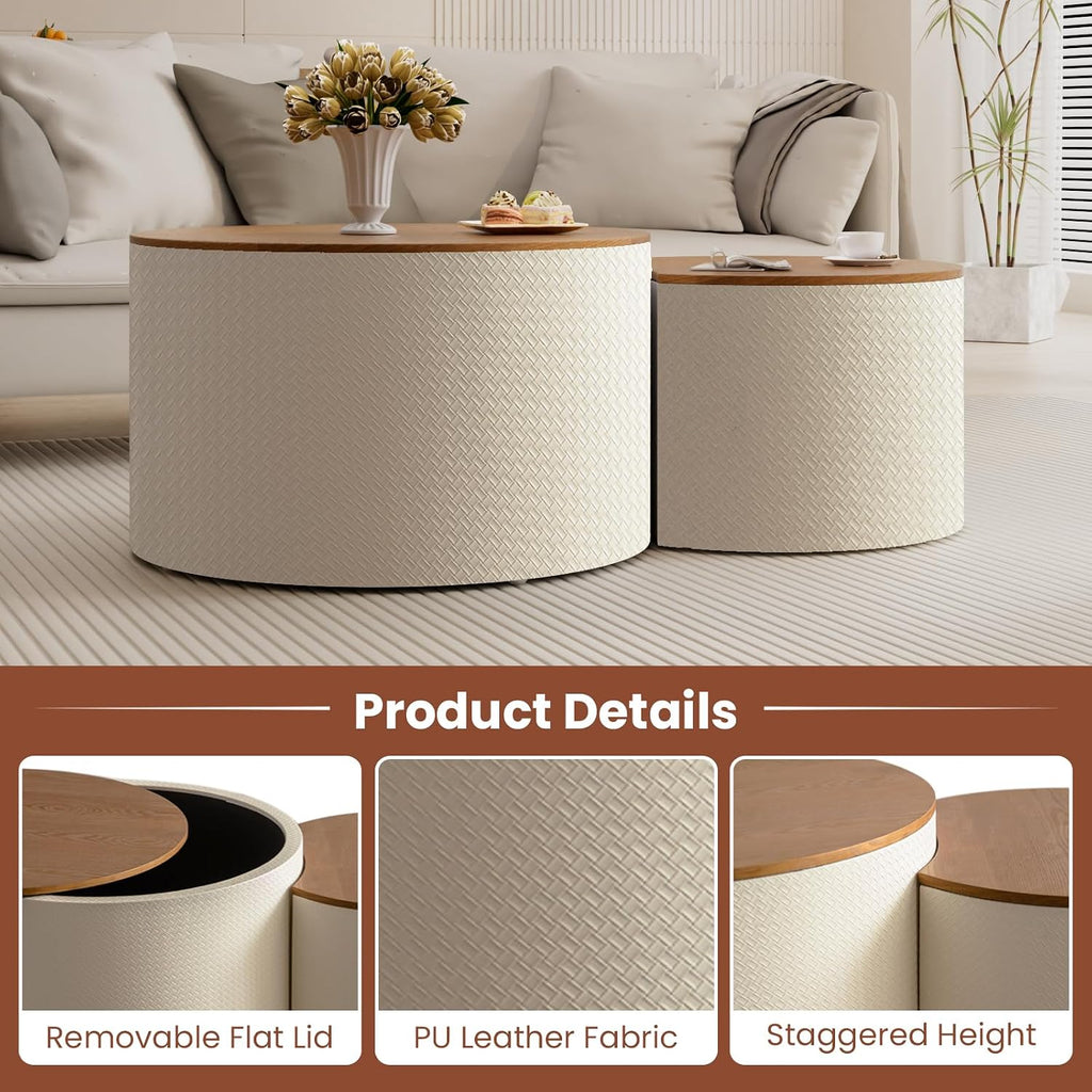 Round Nesting Coffee Table Set of 2 with Storage Modern Wood Coffee Table MDF Frame and Leather Surface Center Table End Side Table for Living Room Bedroom Office, No Assembling (White)