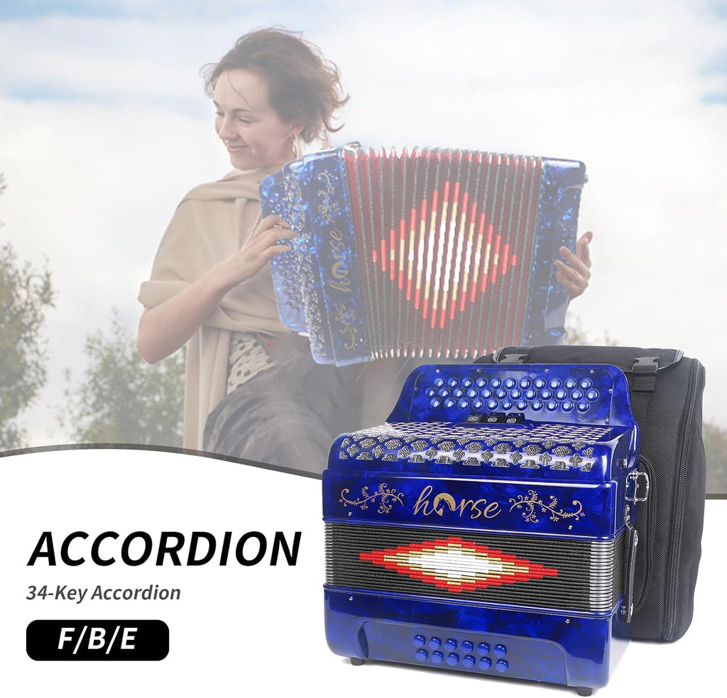 Horse 34 Key Accordion, FBE 12 Bass 3 Row, Made of Celluloid Louder & Clearer Timbre than Plastic,Accordions Instrument for Adults,W/Luxury Backpack,Straps,34 Buttons Acordeón Acordeones Para Adultos