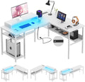Unikito Reversible L Shaped Computer Desk with Power Outlets and Monitor Stand, Sturdy Corner Desk with RGB LED Light and Storage Shelves, Modern Work Desk for Home Office, Easy to Assemble, White