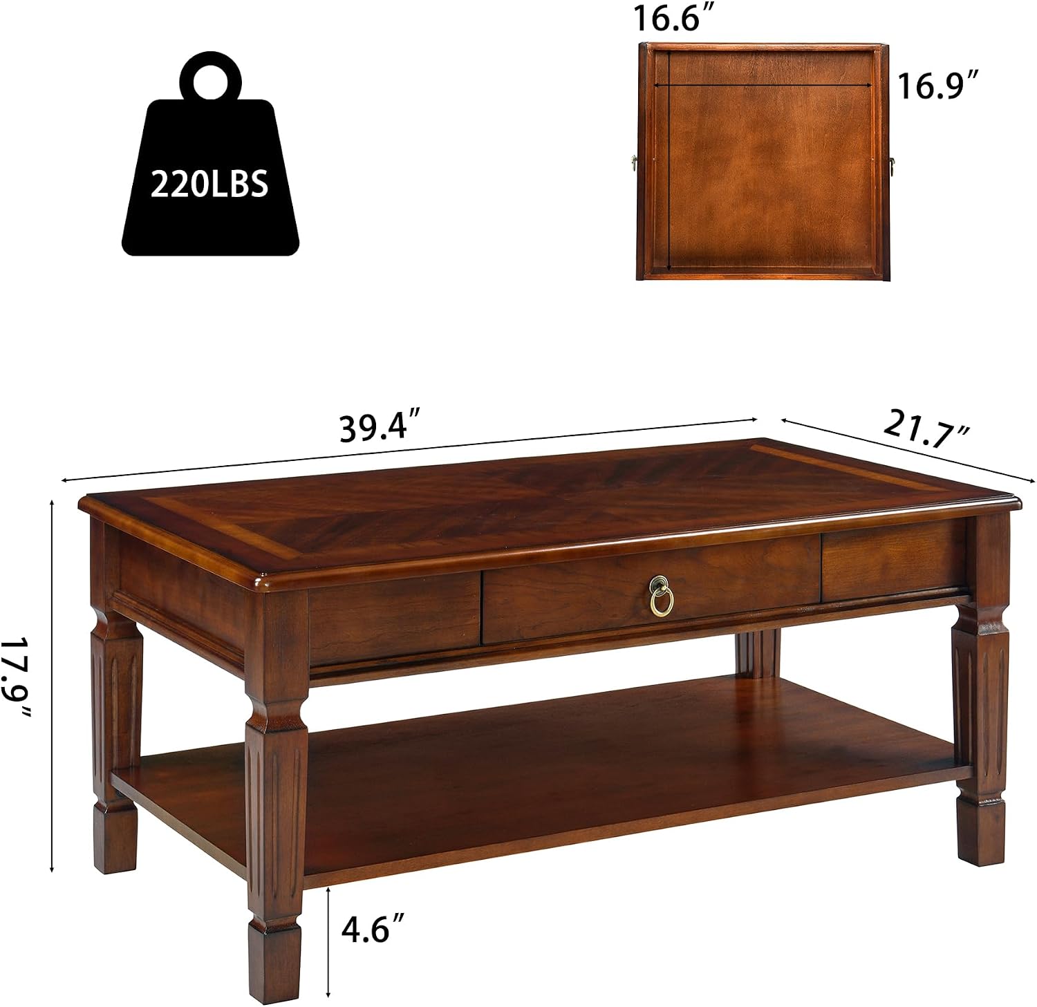 Coffee Table with Single 2-Way Pull Storage Drawer and Shelf, Farmhouse Living Room Table with Wood Legs, Rectangular Cocktail Table,Center Tea Table, 39.4'W x 21.7'L x 17.9'H, Dark Cherry KFZ-D1258