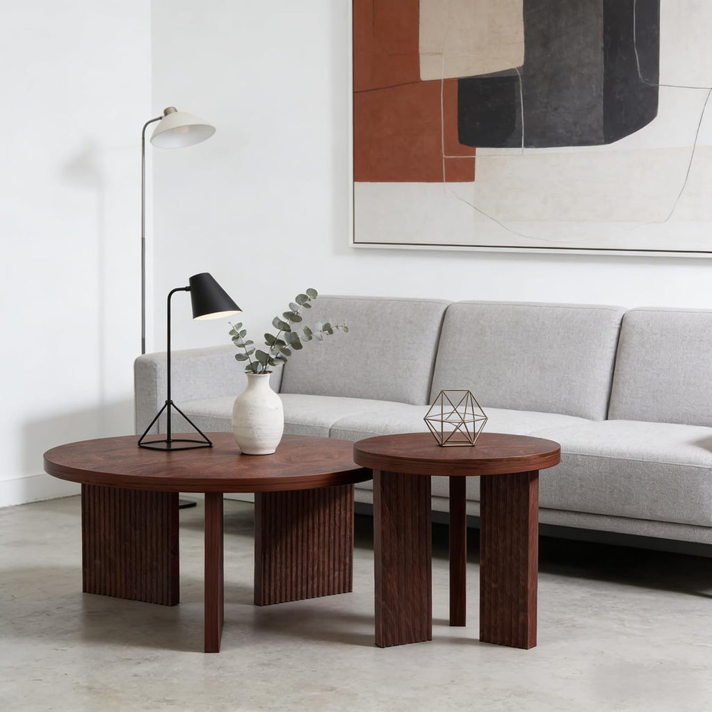 Nesting Coffee Table Set of 2, Modern Wooden Coffee Table with Smooth Thick Design, Circle Tea Table and End Table Set, Accent Center Tables for Living Room, Office, Burgundy
