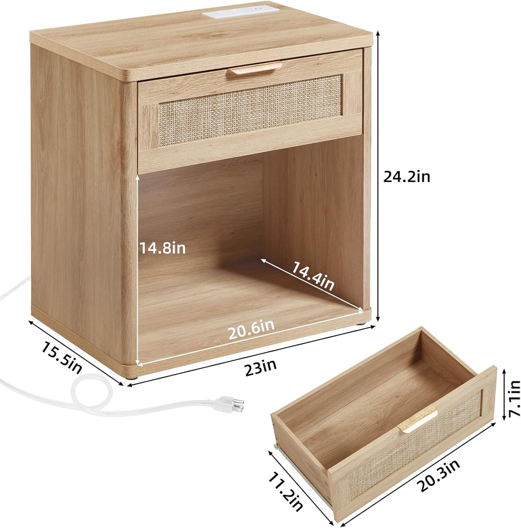 LEYAOYAO Rattan Nightstands Set of 2 with Charging Station, Natural Wood Night Stand with Drawer, 23' Wide Boho Bedside Table with Storage Shelf, Bed Side End Tables for Bedroom, Living Room, Hallway
