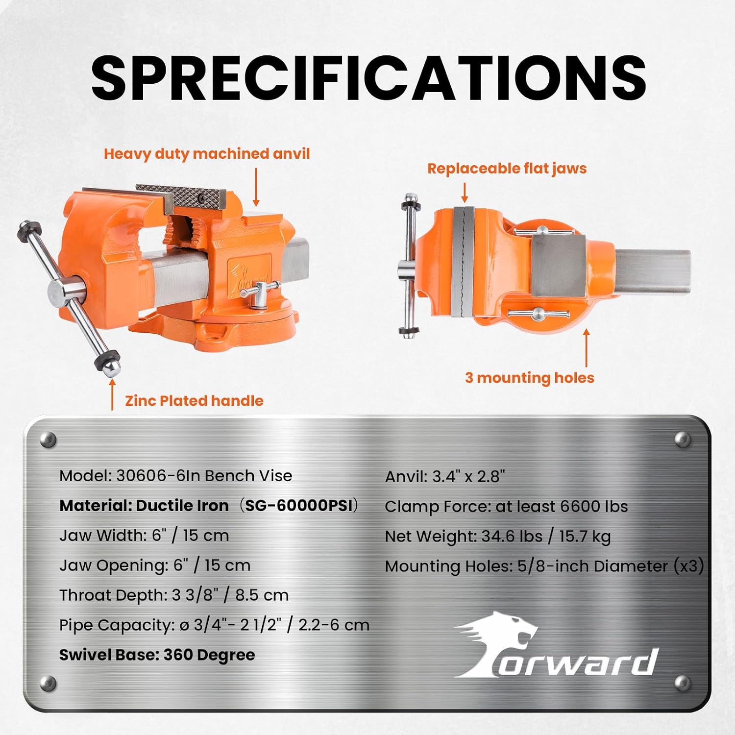 Forward Bench Vise 6 Inch Ductile Iron Bench Vice with 360 Degree Swivel Base and Channel Steel Guide Bar 30606 (6')