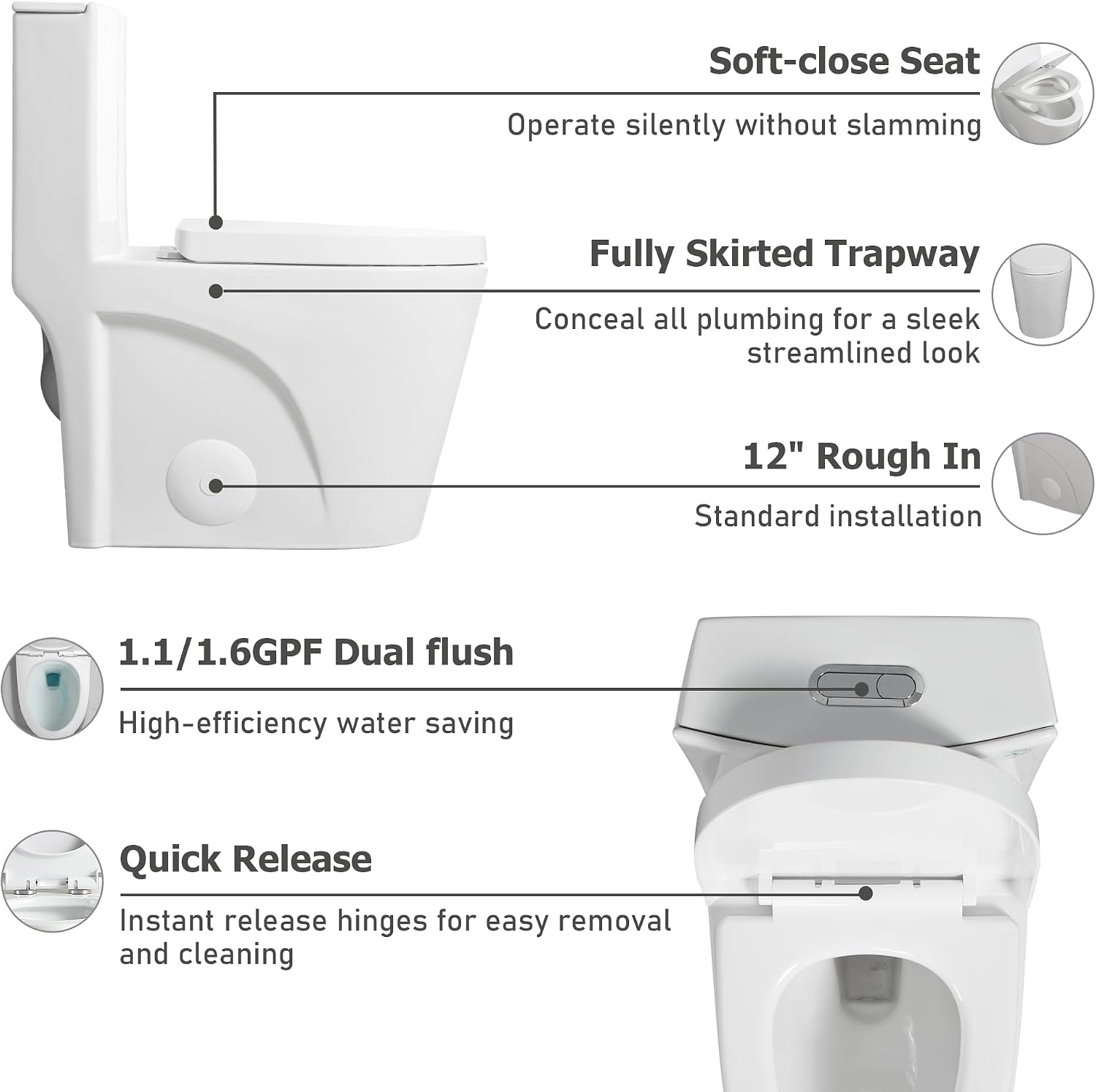 Abruzzo One Piece Toilet For Bathroom, Elongated Dual Flush Toilet with Soft Closing Seat, 0.8/1.28 GPF High-Efficiency, Modern American Standard Modern Toilet for Bathroom, 12' Rough-In, Gloss White