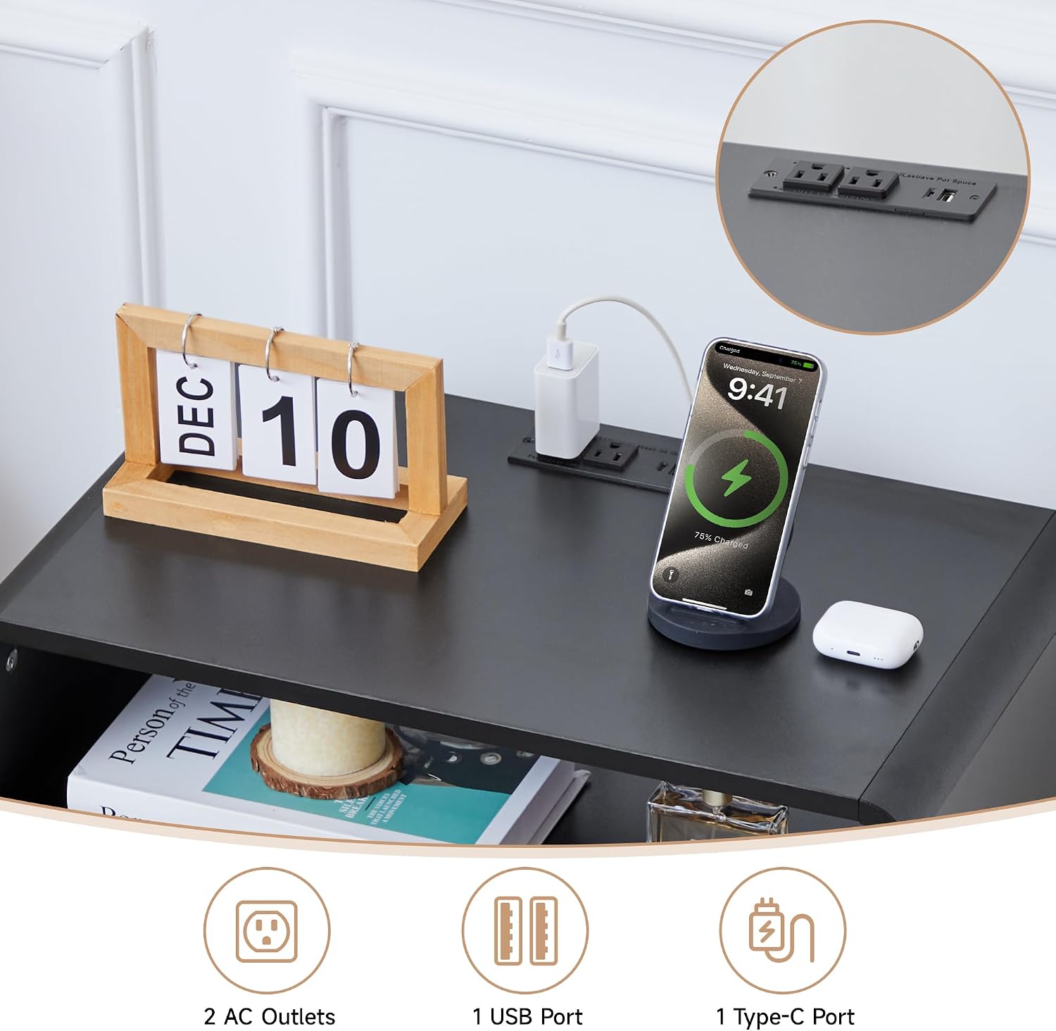 23.6' Modern Black Nightstand Set of 2 with Chariging Station 2AC+USB+Type-C, Classic Striped Side Table with Door+Storage Shelf, Rectangle End Table for Living Room, Bedroom (2, Black)