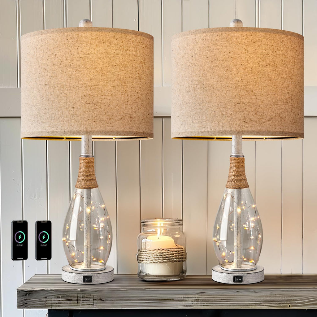 OYEARS 23' Table Lamps for Living Room Set of 2 Bedside Lamps for Night Stands Bedroom Lamps Farmhouse Rattan Boho Lamp Glass Nightlight End Table Lamp with USB C+A (White),Two Light Points
