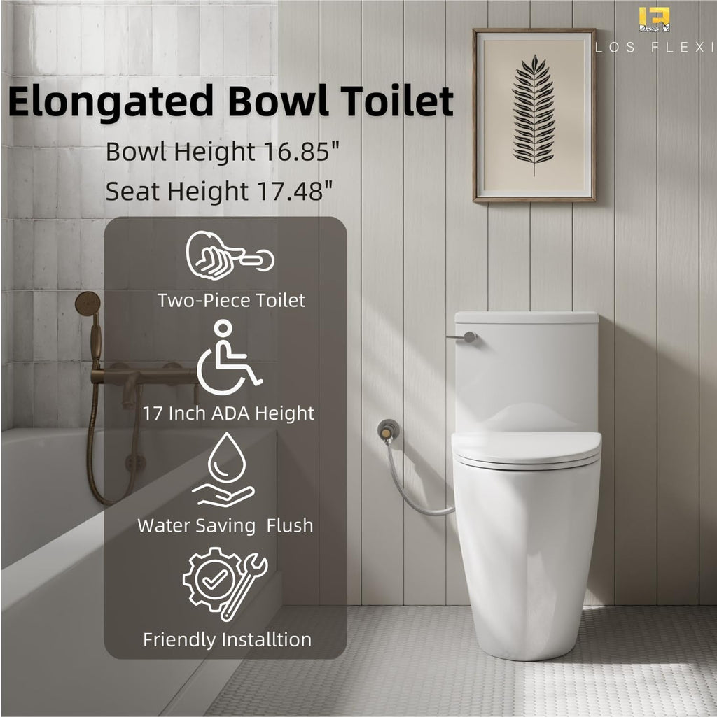 17.5' ADA Comfort Height Two Piece Toilet For Bathroom, Los Flexi Chair Height Toilet, 1.28 GPF Single Flush, Elongated Bowl, Soft-Close Seat, 12' Rough-In, Half Skirted Design & Easy Installation