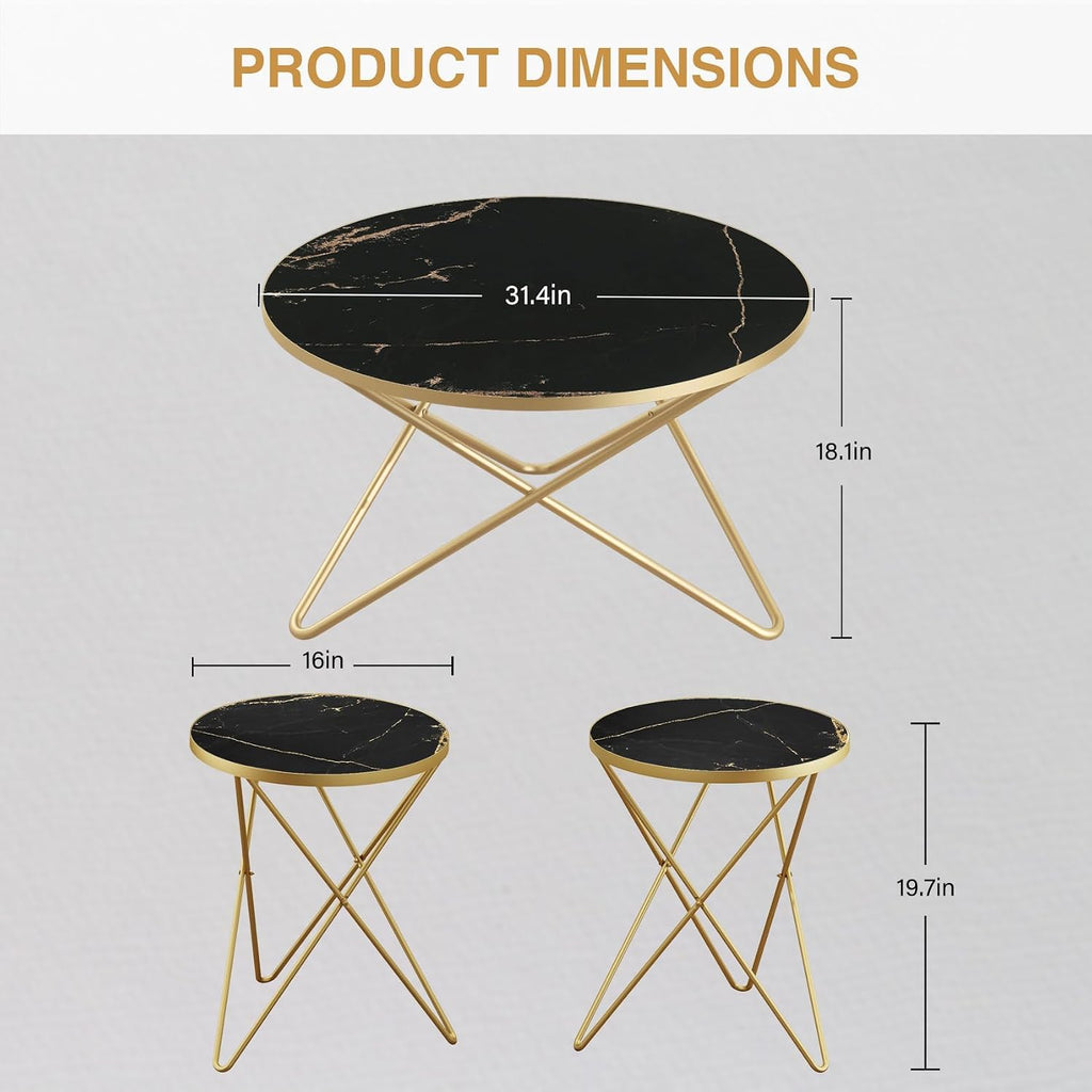 HLR Modern Round Coffee Table and Side Table Set of 3,End Table with Faux Marble Top and Gold Metal Frame, Side Table for Living Room, Bedroom, Sofa and Couch, Gold Legs, Black Marble Top