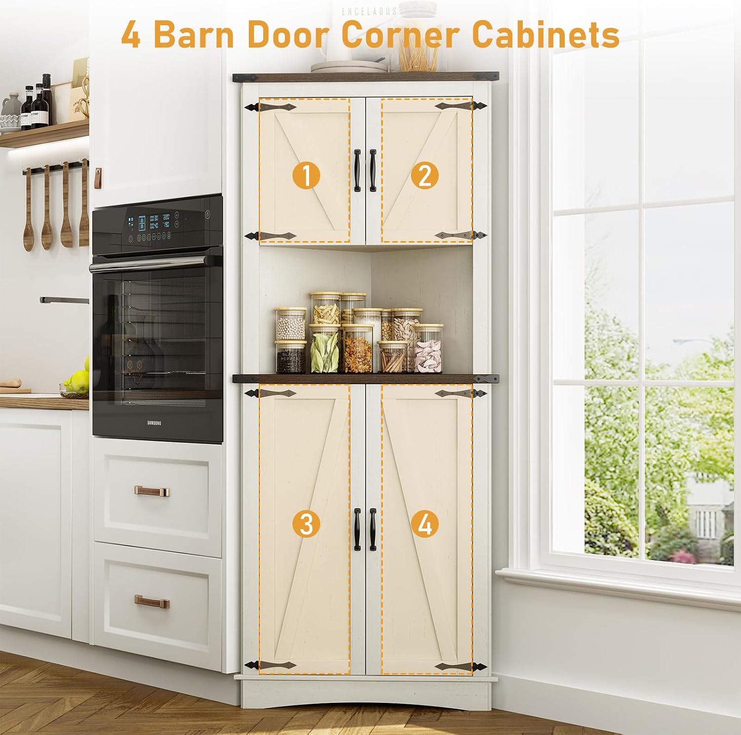 chartustriable 68' Tall Farmhouse Corner Cabinet, 28.3' Corner Storage Cabinet with 4 Doors and Adjustable Shelves, Tall Barn Door Cabinets with 5 Storage Shelves, for Kitchen, Bathroom, Antique White