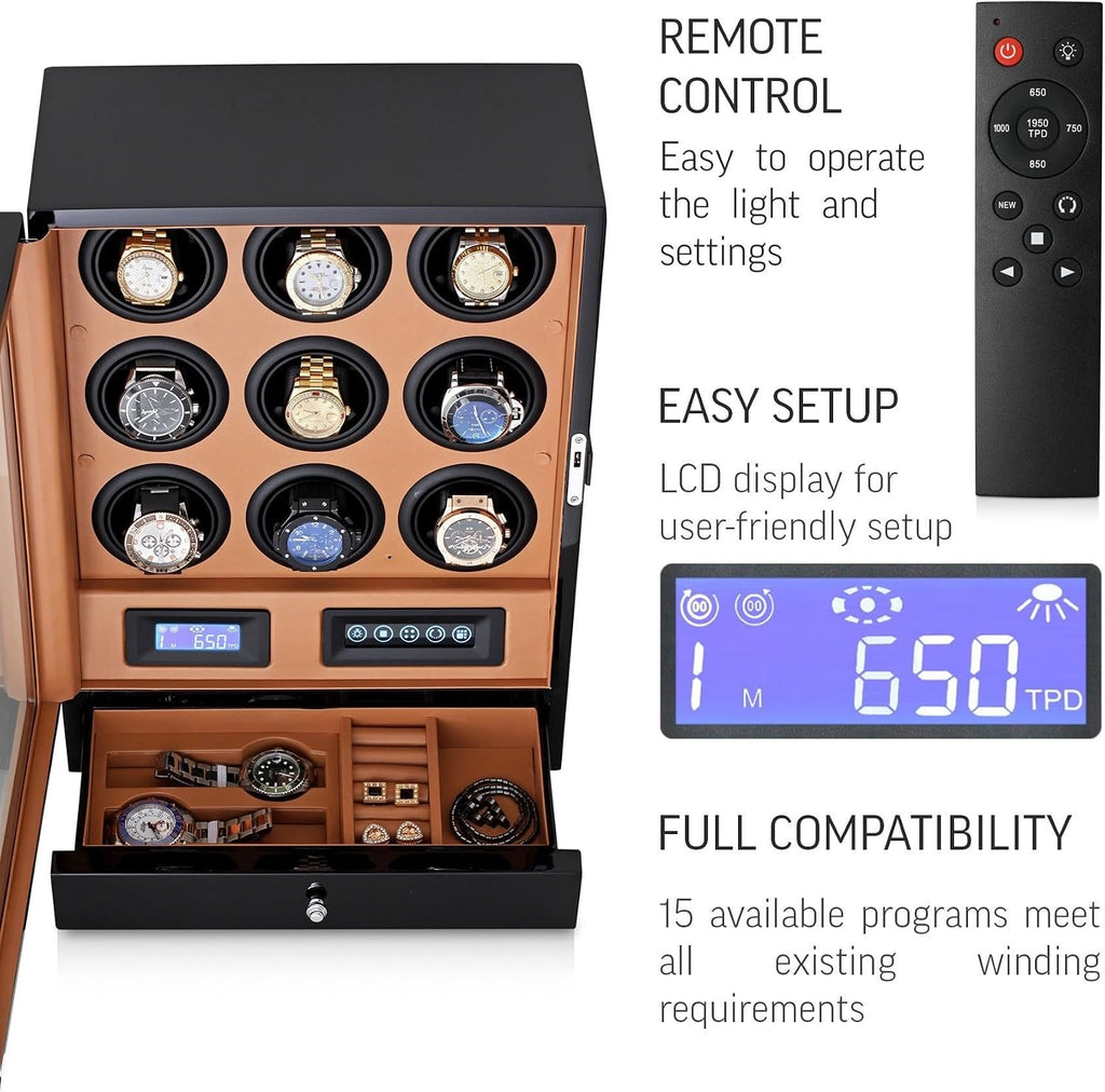 9 Watch Winder with LED Interior Light, LCD Display and 2 Watch Storage Space