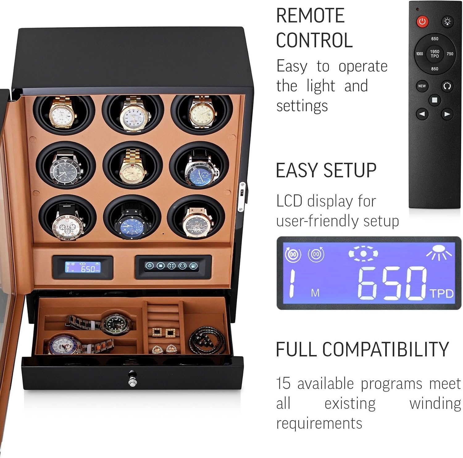 9 Watch Winder with LED Interior Light, LCD Display and 2 Watch Storage Space