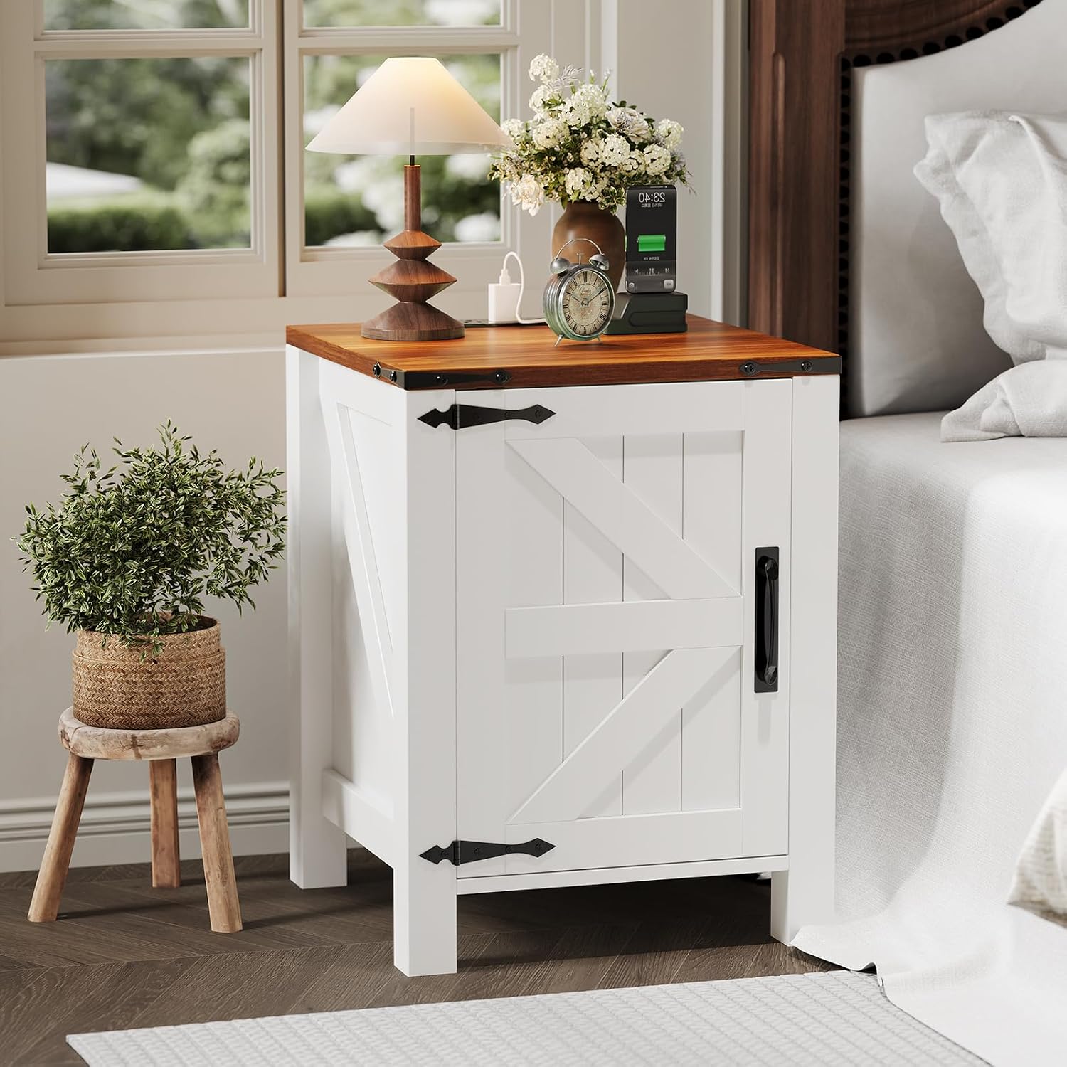 Garvee Rustic Farmhouse Nightstand Set of 2 with Charging Station, Barn Door and Adjustable Storage Shelf, Wooden Small Bedside Table, 18' Modern Two-Tier Nightstand & End Table for Bedroom