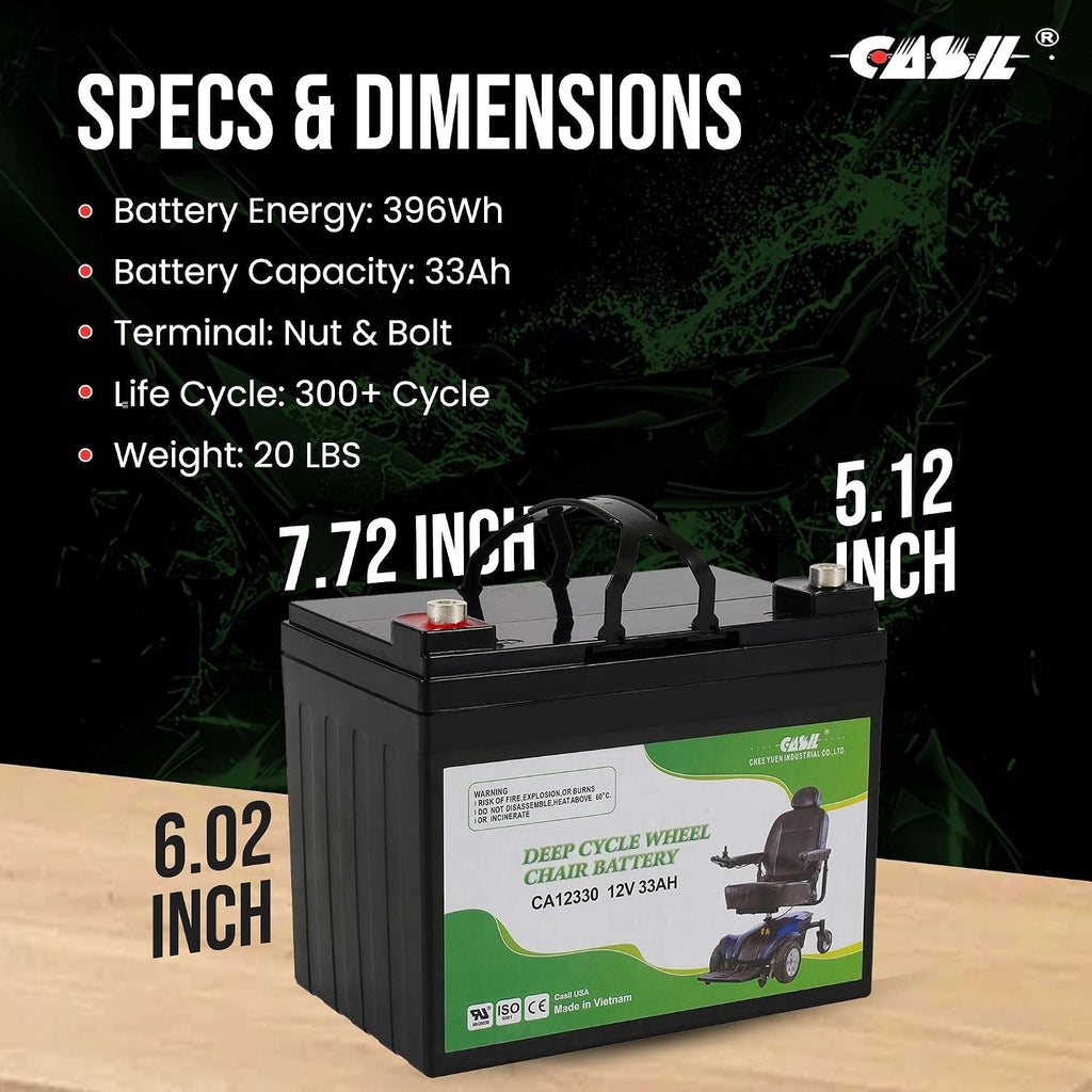 Casil 12v 33ah Deep Cycle Mobility Scooter Battery for Pride Go Go & Jazzy Select 6 Wheelchair Batteries Jazzy Power Chair Batteries Replacement 2 Pack for Electric Mobility Scooters and Chairs