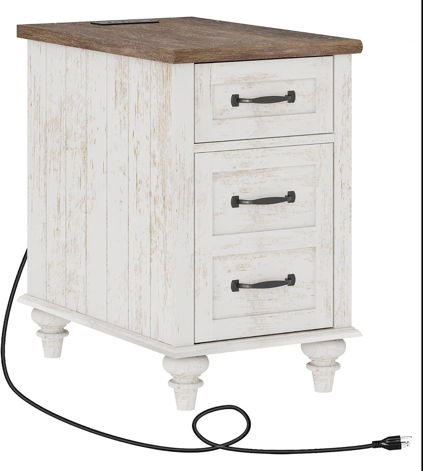 WAMPAT End Table with Charging Station, Antique White Side Table with Storage Cabinet & Drawer, Wooden Nightstand with Power Outlets & Type-C USB Ports for Bedroom, Dorm