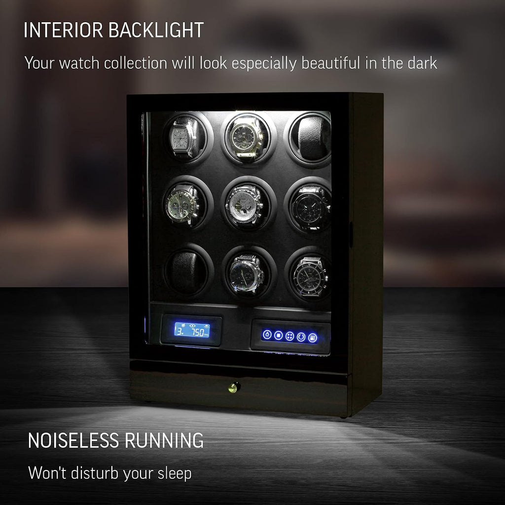 9 Watch Winder with LED Interior Light, LCD Display and 2 Watch Storage Space