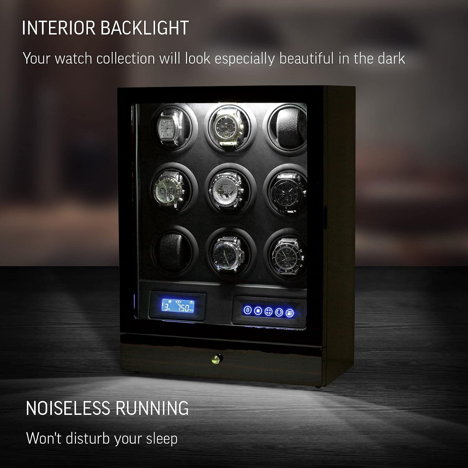 9 Watch Winder with LED Interior Light, LCD Display and 2 Watch Storage Space