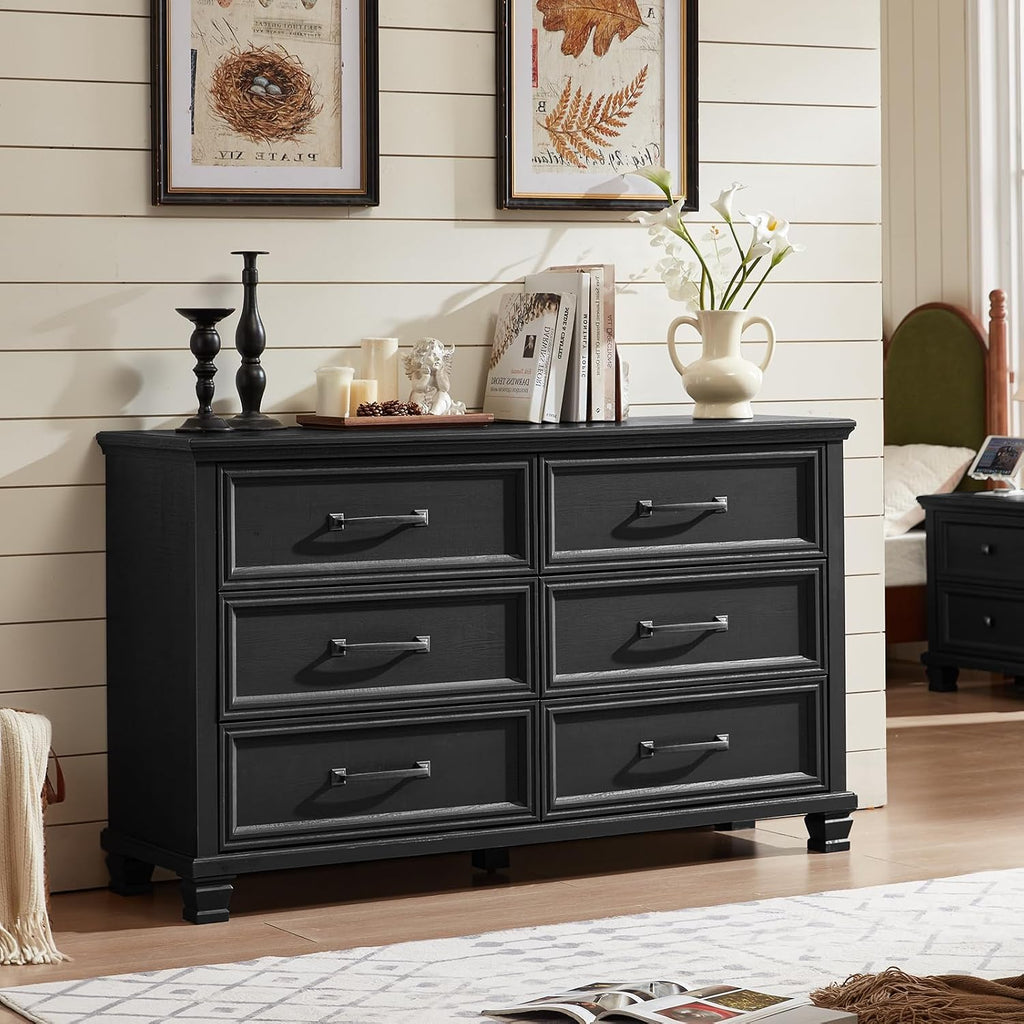 SAVOR LIFE Farmhouse Black 6 Drawer Dresser for Bedroom, 54 inch Wide Vintage Large Chest of Drawers with Square Wood Legs, Rustic TV Console for Living Room, Wooden Storage Closet Dressers for Home