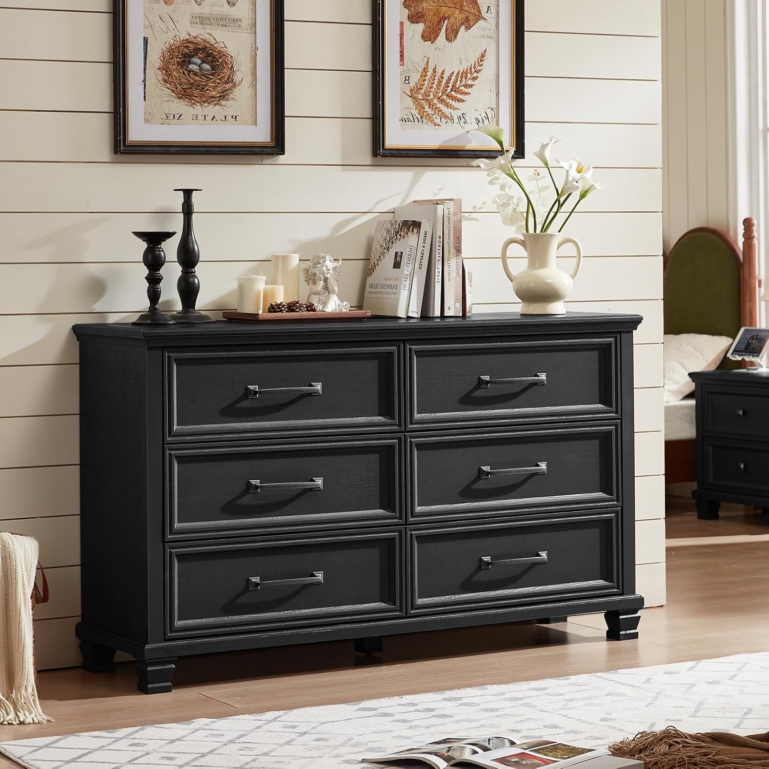 SAVOR LIFE Farmhouse Black 6 Drawer Dresser for Bedroom, 54 inch Wide Vintage Large Chest of Drawers with Square Wood Legs, Rustic TV Console for Living Room, Wooden Storage Closet Dressers for Home