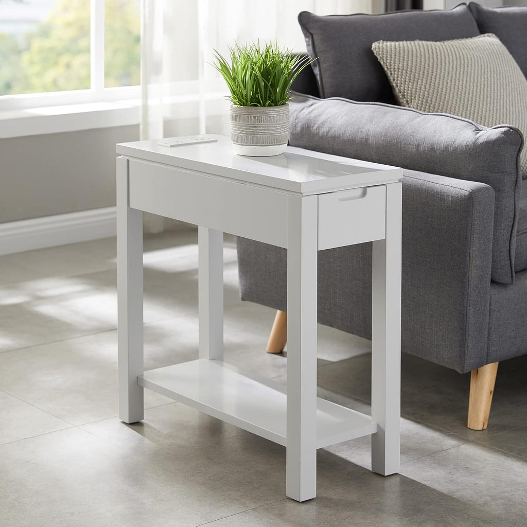 Leick Home 9080-GR Cade Wood Side Table with Drawer and AC/USB Outlet, Gray