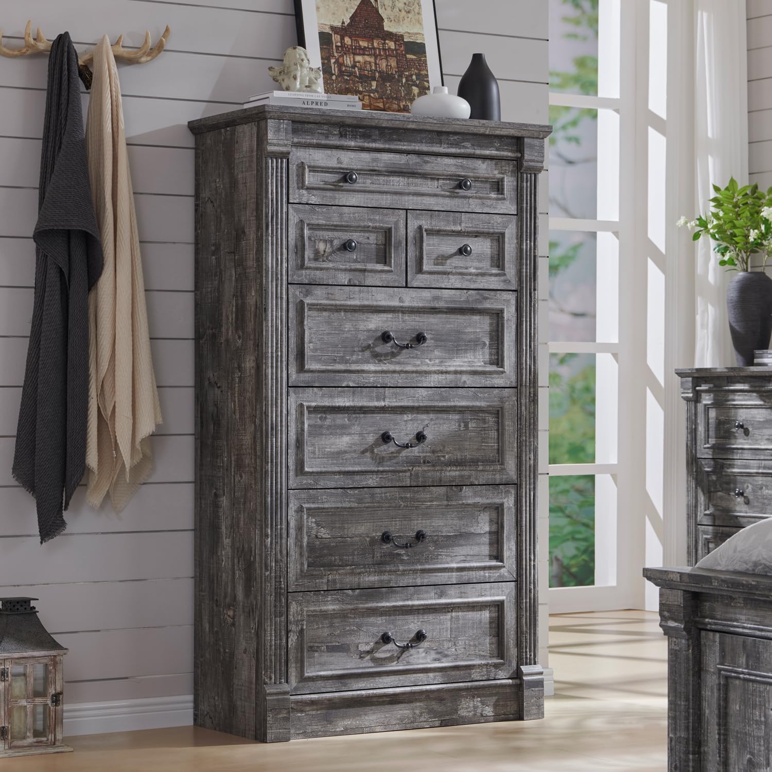 Aitjunz Farmhouse 7 Drawers Dresser for Bedroom, 57' Tall Large Dressers & Chests of Drawers w/Roman Column, Storage Dressers Organizer for Bedroom, Hallway, Living Room, Light Grey