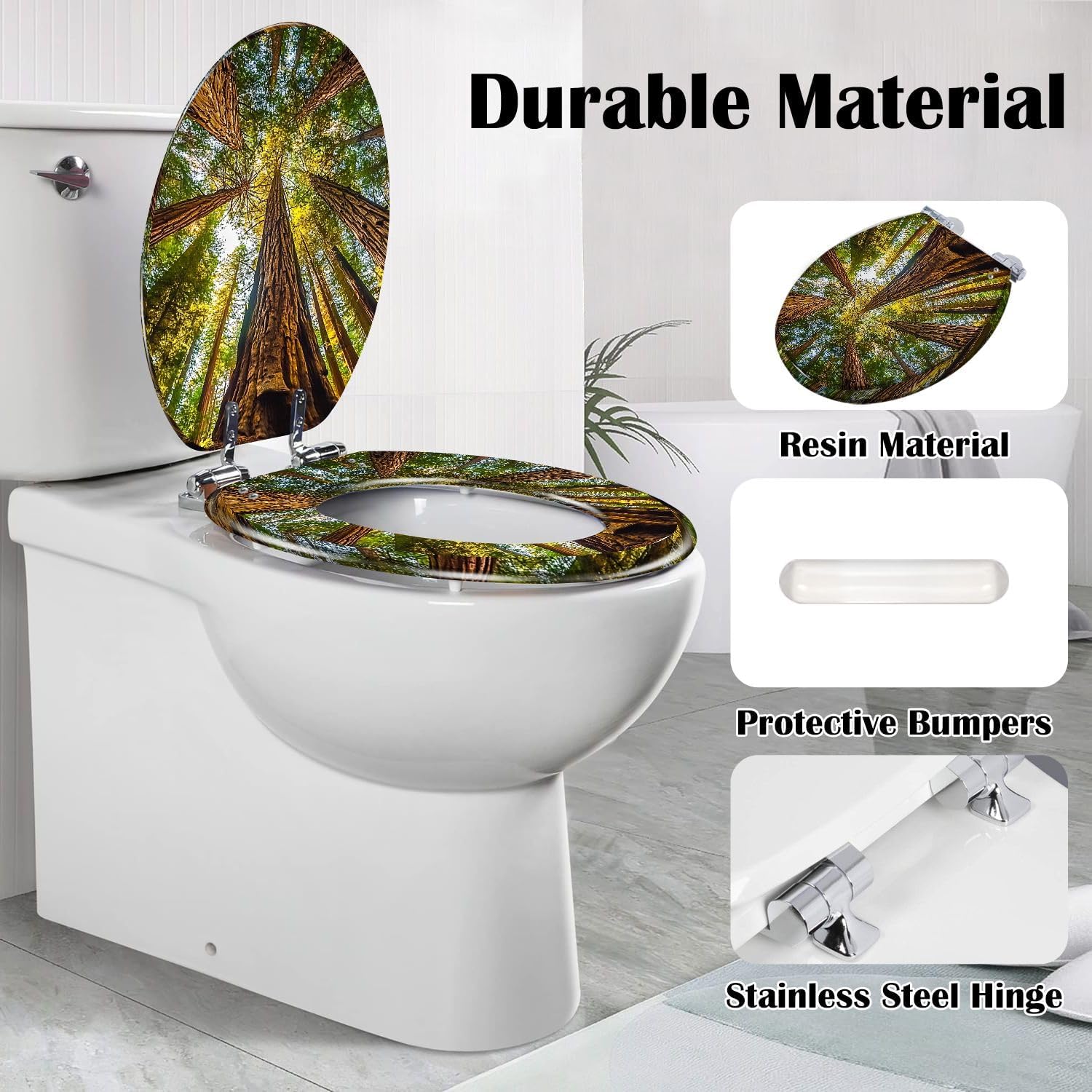 Elongated Toilet Seat Secuoia Forest Resin Toilet Seat Slow Quiet Close with Quick-Release Hinges Toilet Seat with Cover Easy to Clean Install