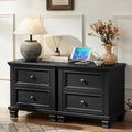 SAVOR LIFE Farmhouse Nightstand Set of 2, Rustic Low Nightstands with 2 Drawers & Charging Station, Vintage Night Stands with 4 Square Solid Wood Legs, Small Dresser for Bedroom, Home, Black