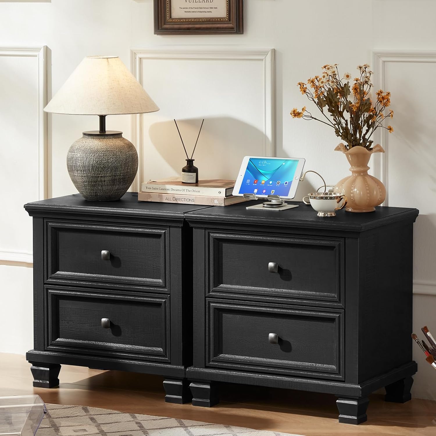 SAVOR LIFE Farmhouse Nightstand Set of 2, Rustic Low Nightstands with 2 Drawers & Charging Station, Vintage Night Stands with 4 Square Solid Wood Legs, Small Dresser for Bedroom, Home, Black