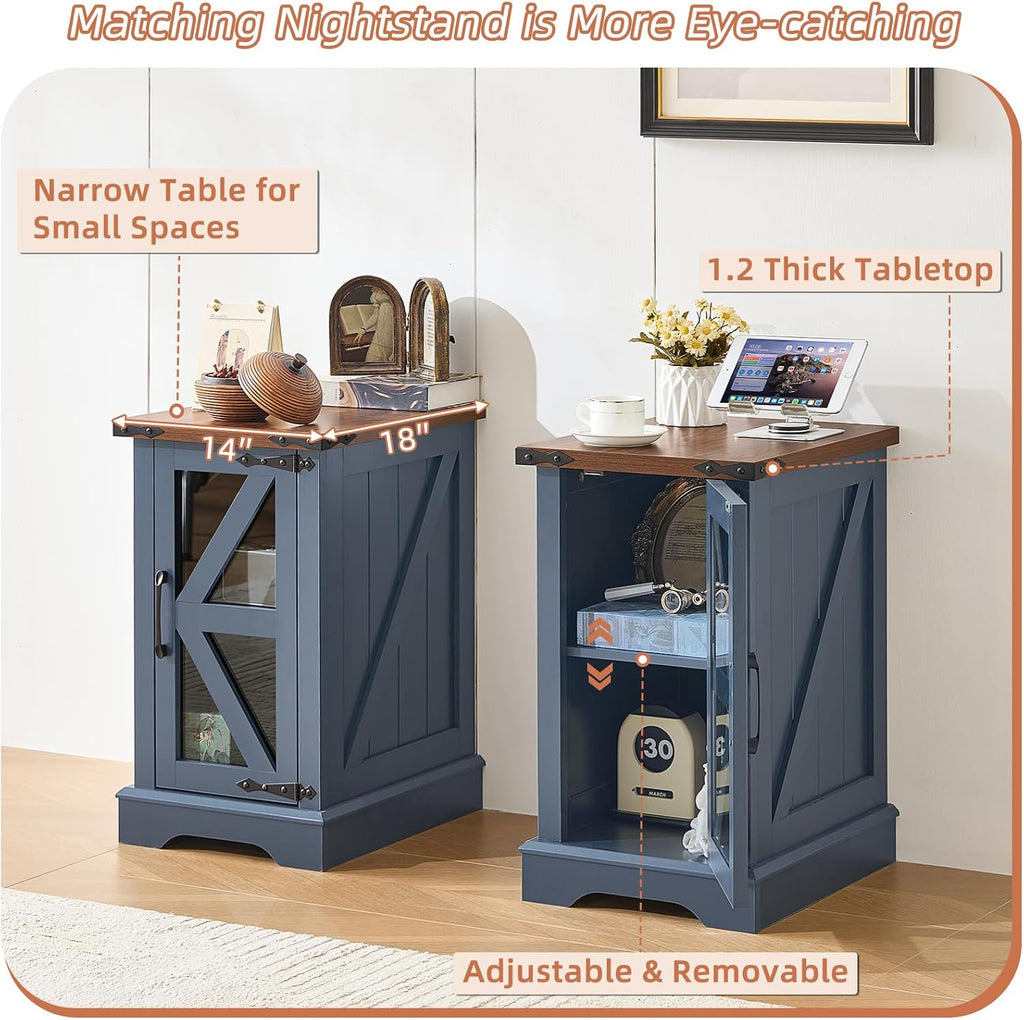Joaxswe Farmhouse 14'' Side End Table Set of 2, Narrow Night Stand with Glass Barn Door, Storage Bedside Tables, Nightstand Cabinet Organizer for Small Spaces Living Room Bedroom