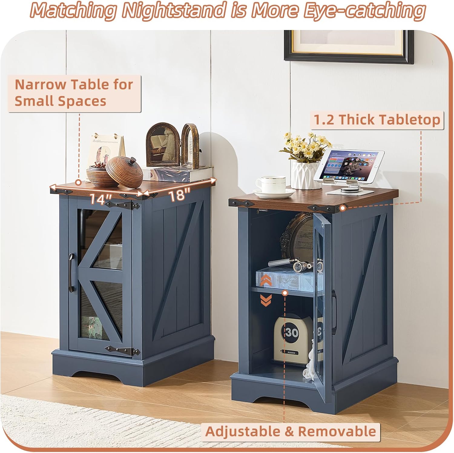 Joaxswe Farmhouse 14'' Side End Table Set of 2, Narrow Night Stand with Glass Barn Door, Storage Bedside Tables, Nightstand Cabinet Organizer for Small Spaces Living Room Bedroom