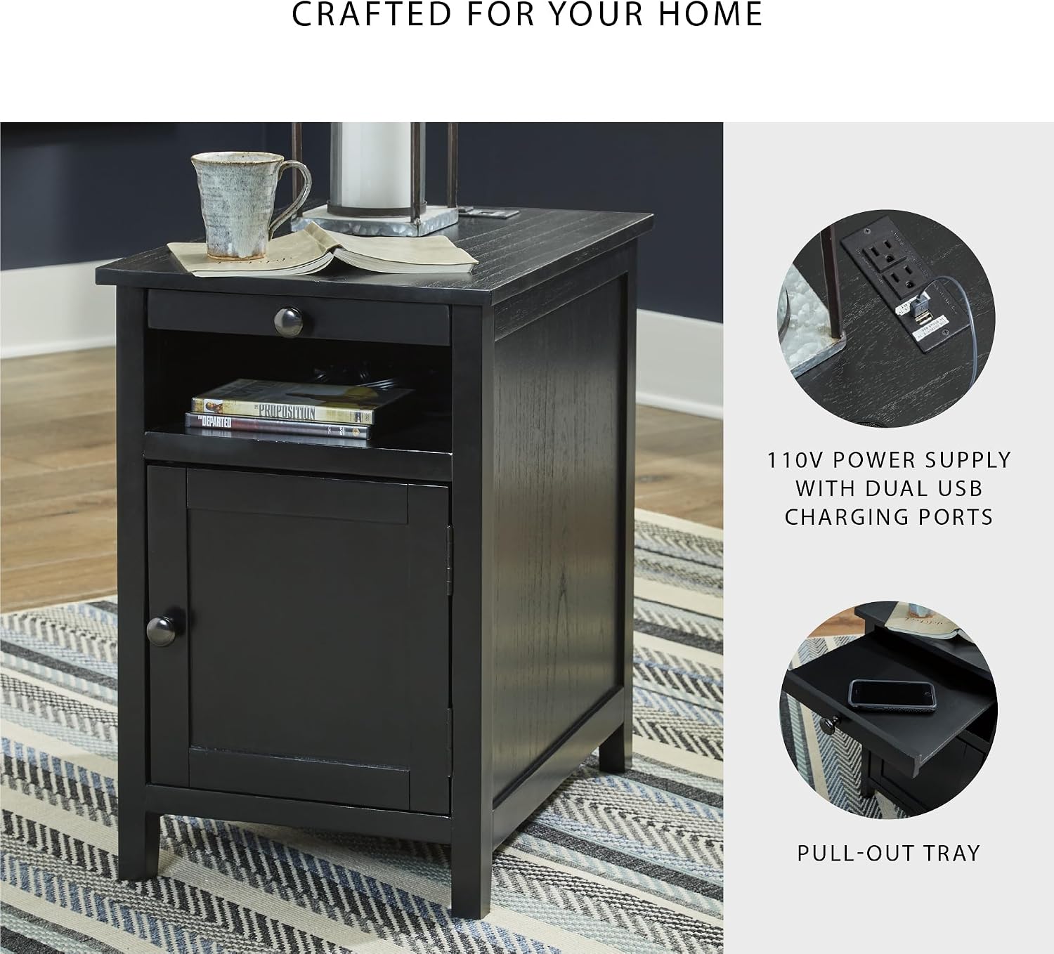 Signature Design by Ashley Treytown Casual Compact Chairside End Table with a Storage Cabinet, Open Cubby Shelf, Pull-Out Tray & USB Charging Ports, Black