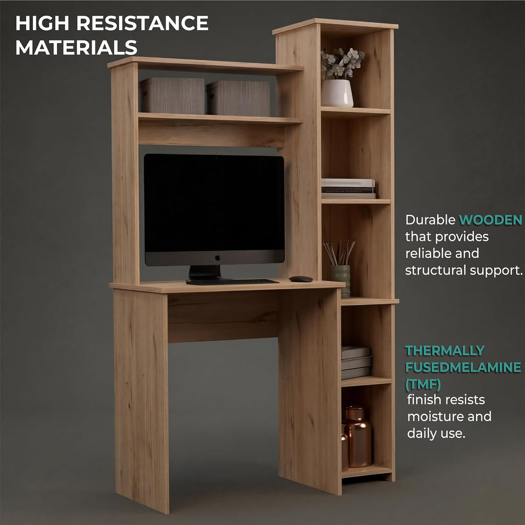 Tuhome Versalles Writing Desk with Two Superior Shelves, Five Side Open Storage Compartments, Space-Saving Modern Workstation Design for Studios and Offices, Ideal for Organization, Books