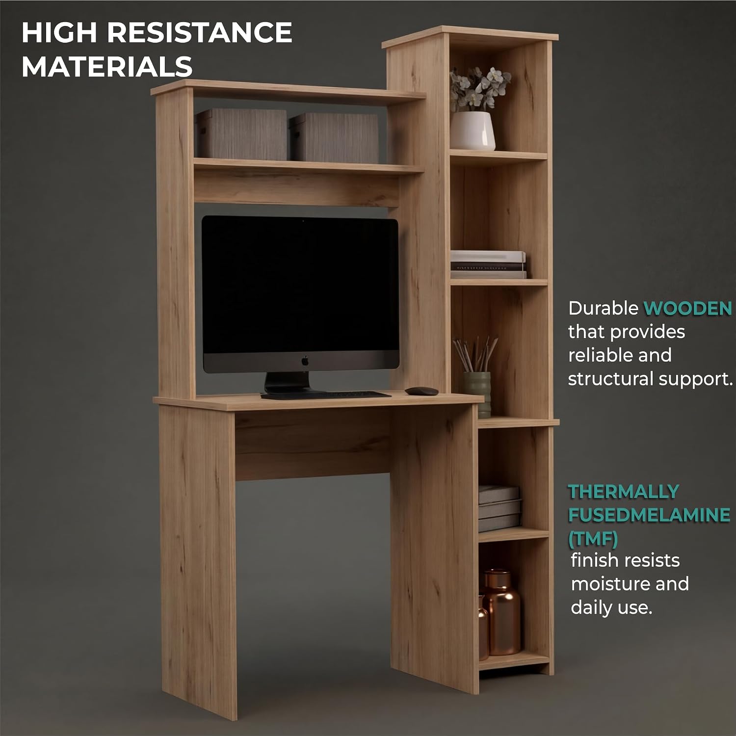 Tuhome Versalles Writing Desk with Two Superior Shelves, Five Side Open Storage Compartments, Space-Saving Modern Workstation Design for Studios and Offices, Ideal for Organization, Books
