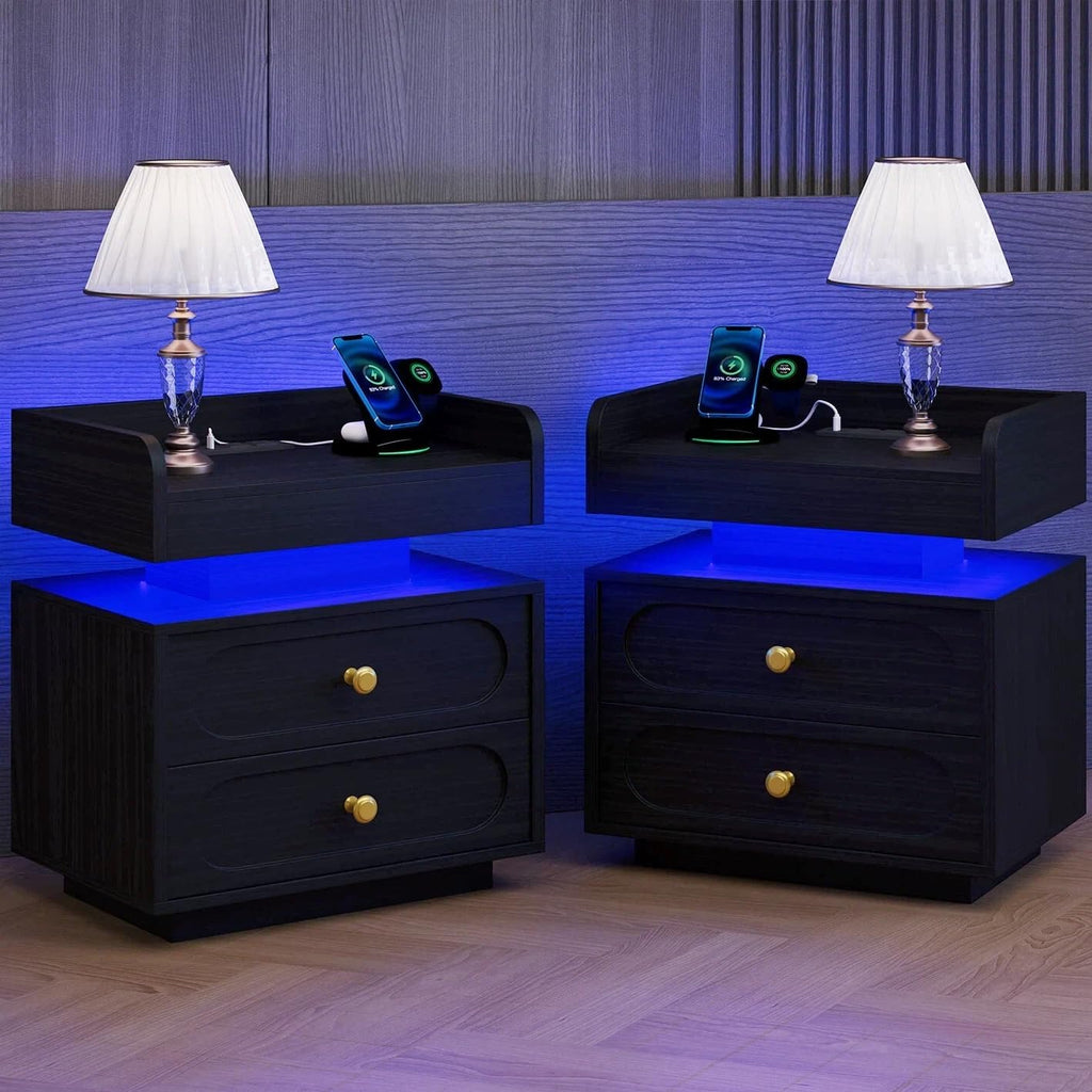 4ever2buy Black Nightstand Set of 2 with Adjustable LED Lights and Charging Station Modern Bedside Tables with 2 Drawers End Tables for Bedroom