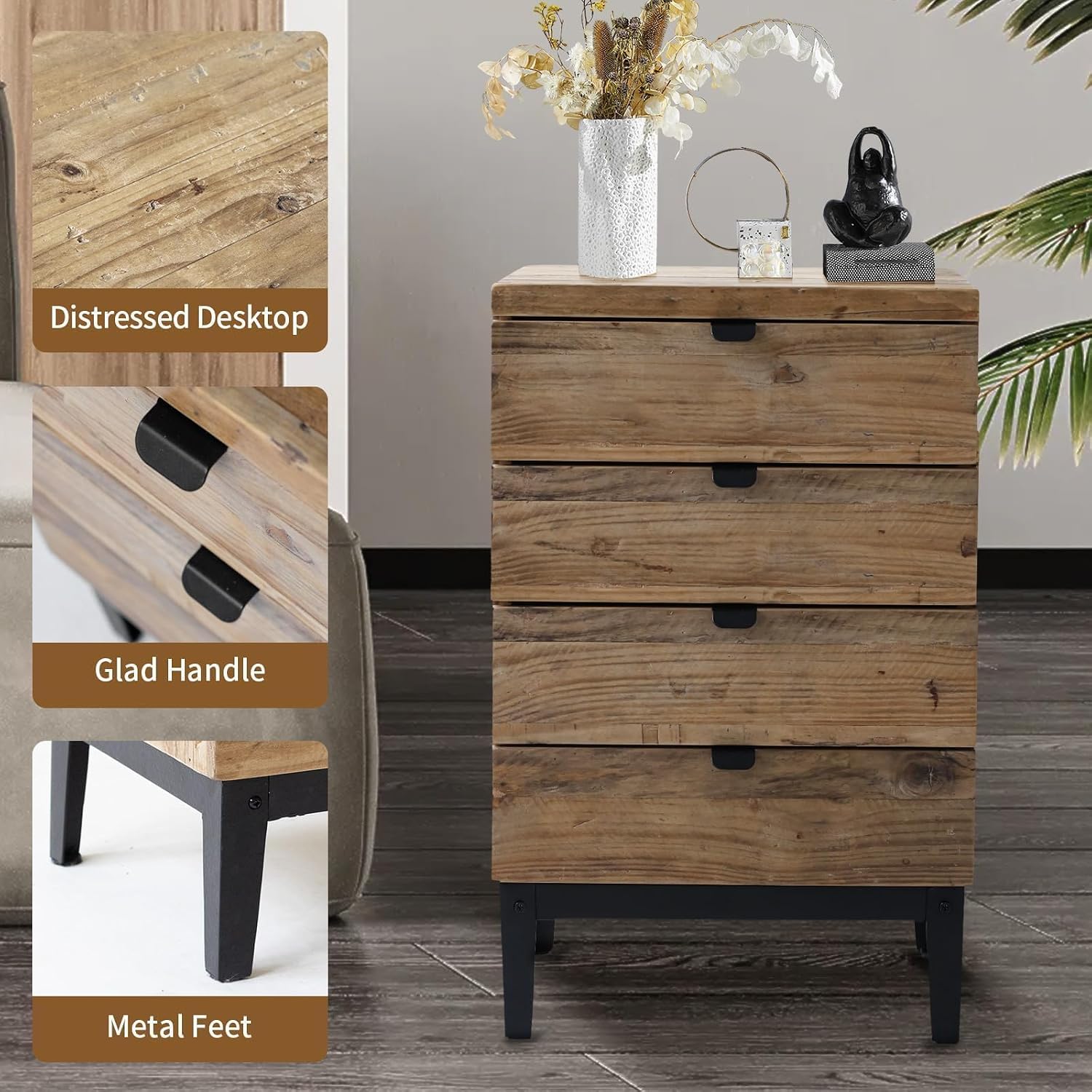 Wnutrees Farmhouse Nightstand Wood Bedside Table with 4-Drawers Bedside End Tables Storage for Living Room, Hallway, Handmade Distressed, Natural, Set of 2