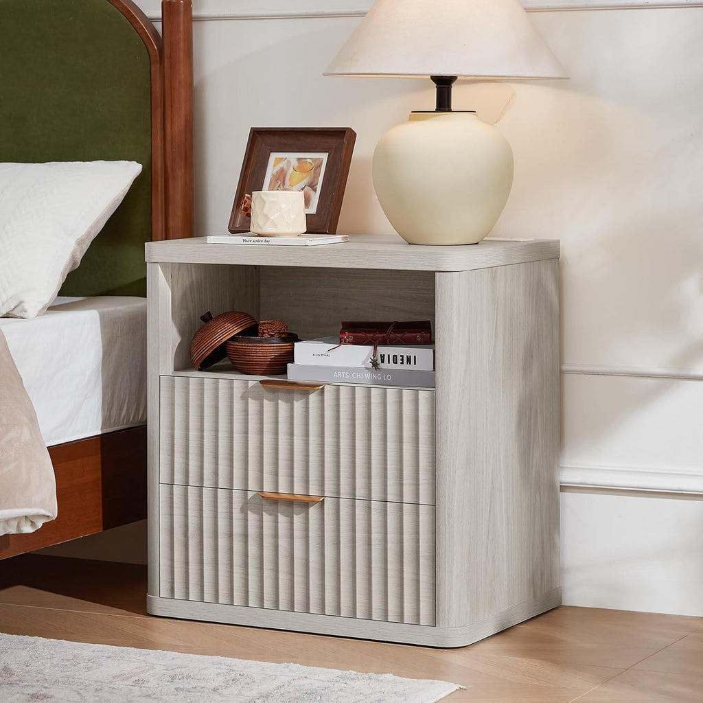 LEYAOYAO Fluted Farmhouse Nightstand Set of 2 with Charging Station, 23' Wide 2 Drawers Night Stand,LightGrey Dresser for Bedroom,Bed Side Table Chest of Drawers,Wood End Table for Living Room