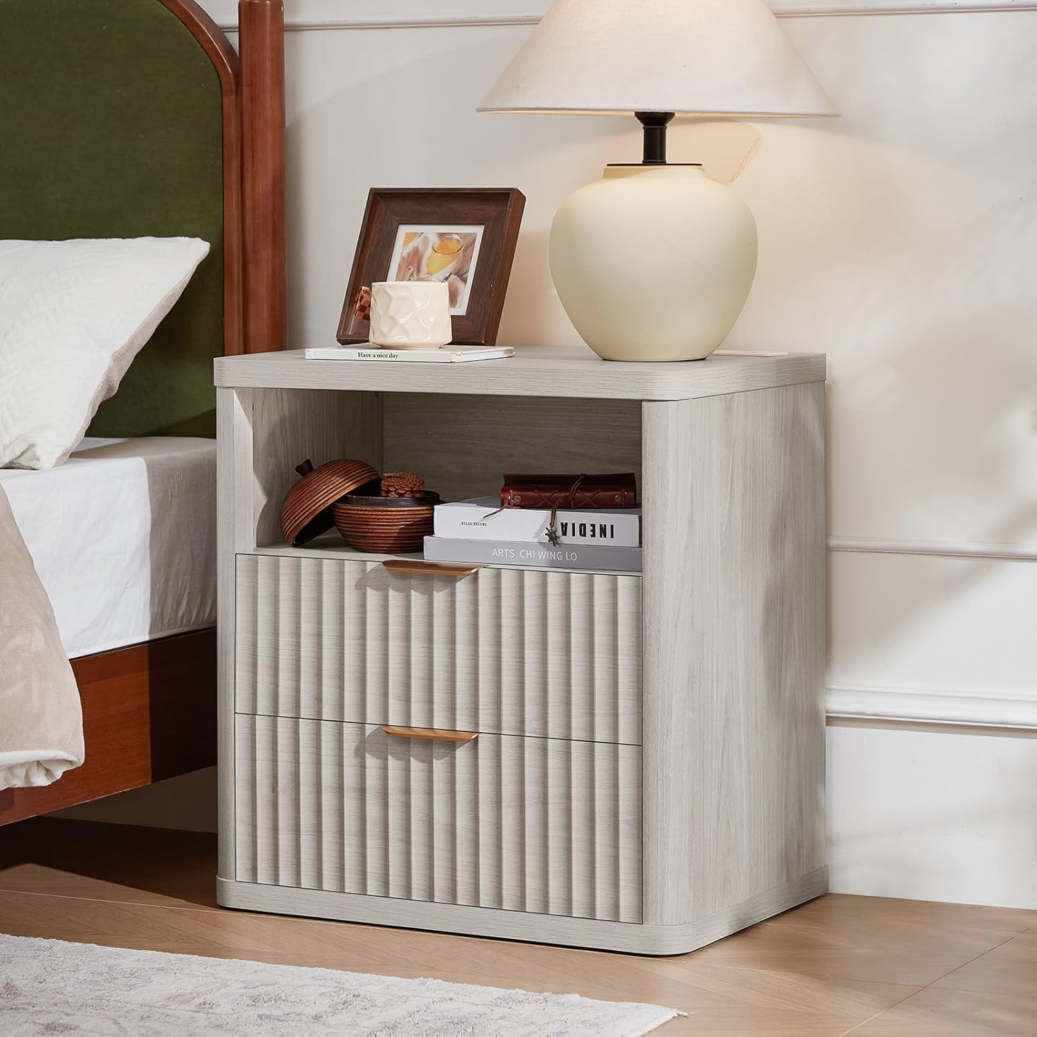 LEYAOYAO Fluted Farmhouse Nightstand Set of 2 with Charging Station, 23' Wide 2 Drawers Night Stand,LightGrey Dresser for Bedroom,Bed Side Table Chest of Drawers,Wood End Table for Living Room