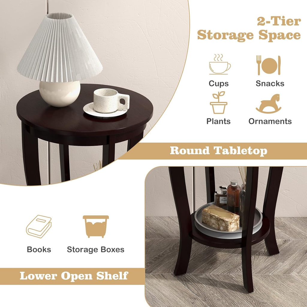 Giantex Round End Tables Set of 2, 2 Tier Side Table with Storage Shelf and Solid Wood Legs, 18' x 18' Accent Table for Corner Small Spaces, Compact Night Stand for Living Room Bedroom, Espresso