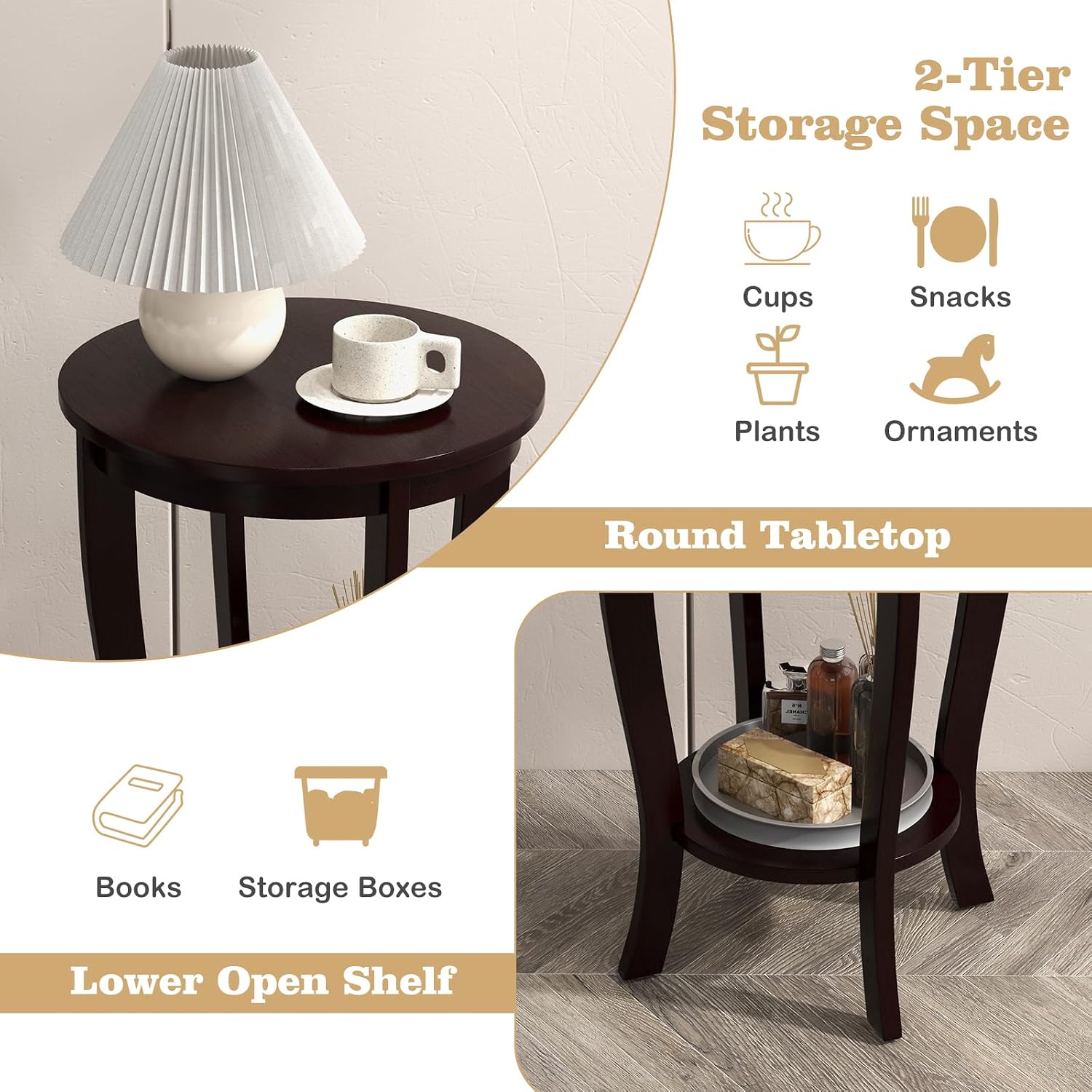 Giantex Round End Tables Set of 2, 2 Tier Side Table with Storage Shelf and Solid Wood Legs, 18' x 18' Accent Table for Corner Small Spaces, Compact Night Stand for Living Room Bedroom, Espresso