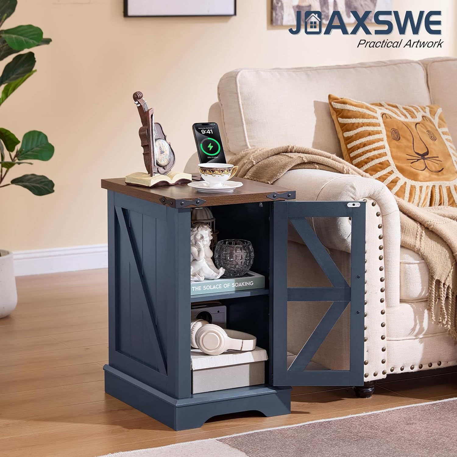 Joaxswe Narrow Night Stand Set 2 with Charger Station, Farmhouse Side End Table with Glass Barn Door Storage, Bedside Tables,Navy Blue Nightstand Cabinet Organizer for Small Spaces Living Room Bedroom