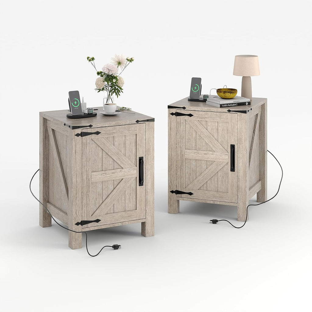 Garvee Rustic Farmhouse Nightstand Set of 2 with Charging Station, Barn Door and Adjustable Storage Shelf, Wooden Small Bedside Table, 18' Modern Two-Tier Nightstand & End Table for Bedroom