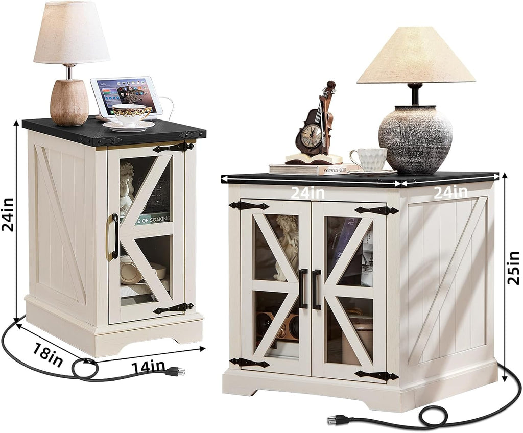 Joaxswe Farmhouse End Tables Living Room Set of 2 with Charger Station, 18'' Small Night Stand and 24' Large Side Table with Glass Barn Door Storage, Wood Nightstand Bedside Tables for Bedroom Office