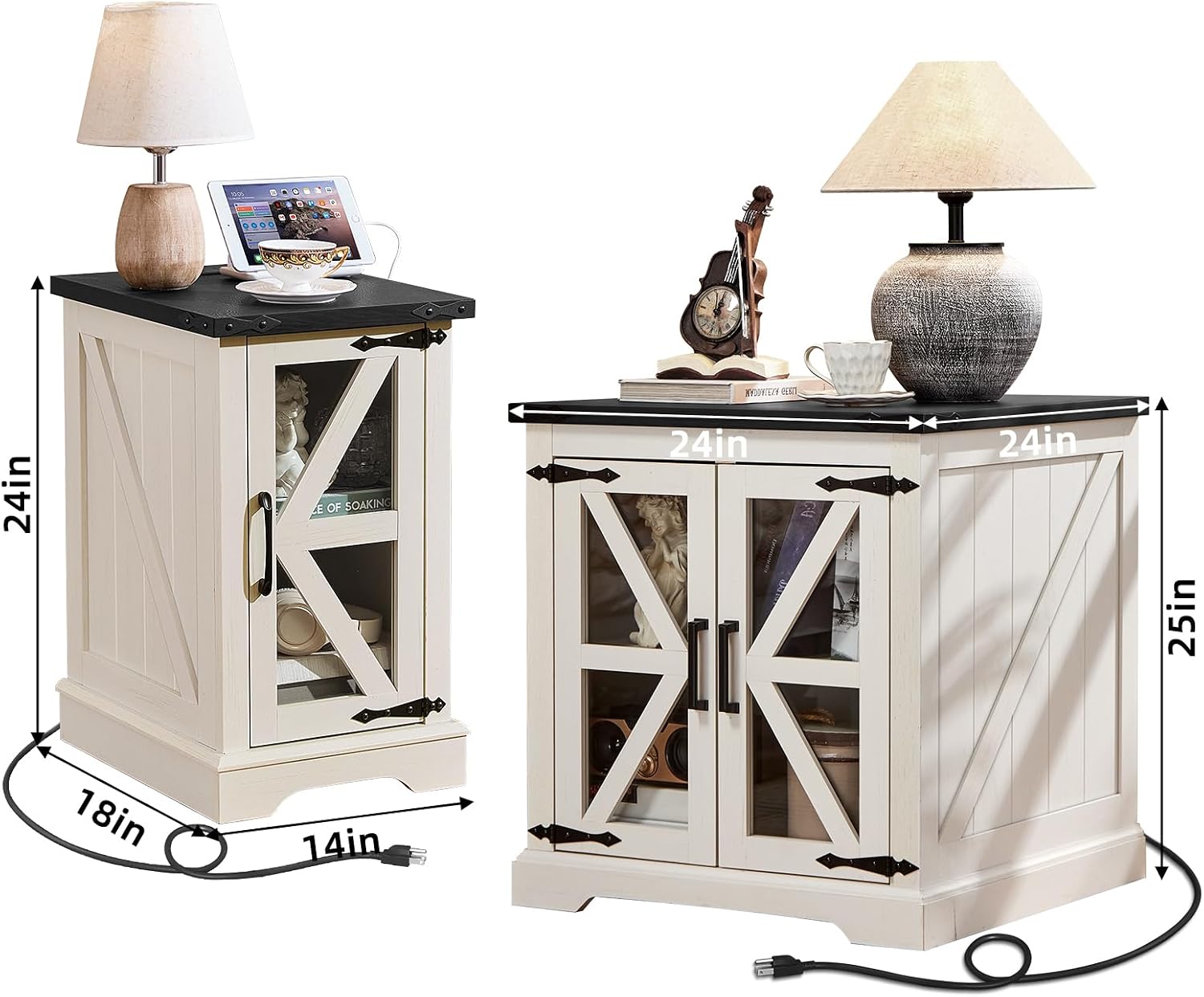 Joaxswe Farmhouse End Tables Living Room Set of 2 with Charger Station, 18'' Small Night Stand and 24' Large Side Table with Glass Barn Door Storage, Wood Nightstand Bedside Tables for Bedroom Office
