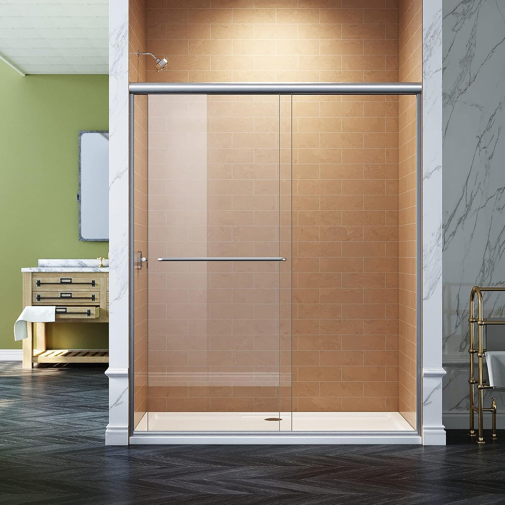 SUNNY SHOWER Semi-Frameless Shower Doors 1/4' (6mm) Glass Sliding Shower Enclosure 54' W x 72' H Shower Glass Door Brushed Nickel Finish