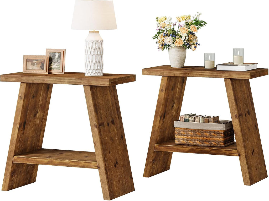 Solid Wood End Table for Living Room Set of 2, Narrow Small Side Table with 2-Tier Storage, Farmhouse Bedside Nightstand for Bedroom, Small Places, Rustic Brown (2 PCS)