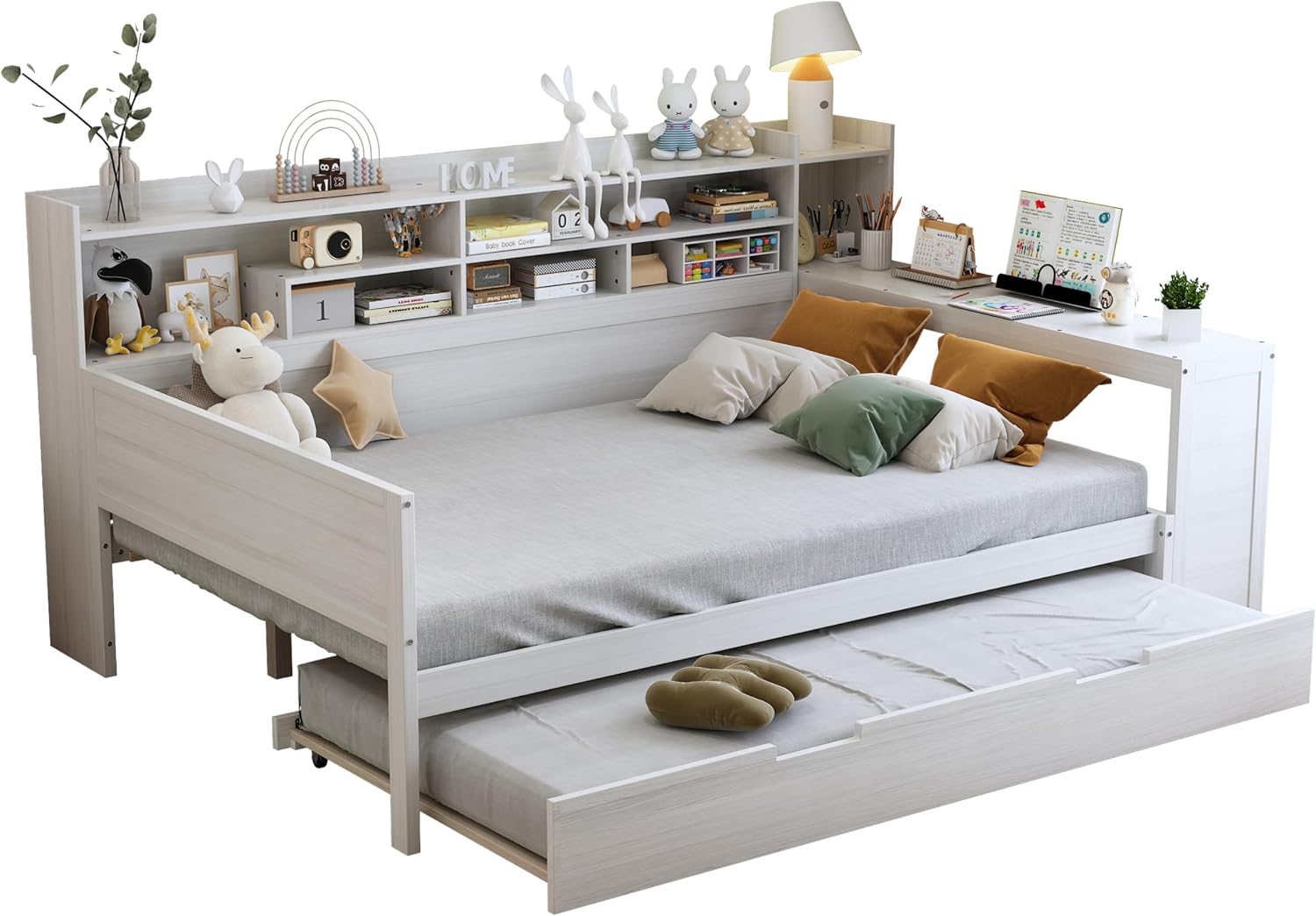 Wooden Full Size Corner Day Bed with Twin Trundle and Desk,L Shape Corner Daybed Frame with Storage Shelves and Wood Slat Support for Kids Teens Bedroom Guest Room,No Box Spring Needed,Antique White